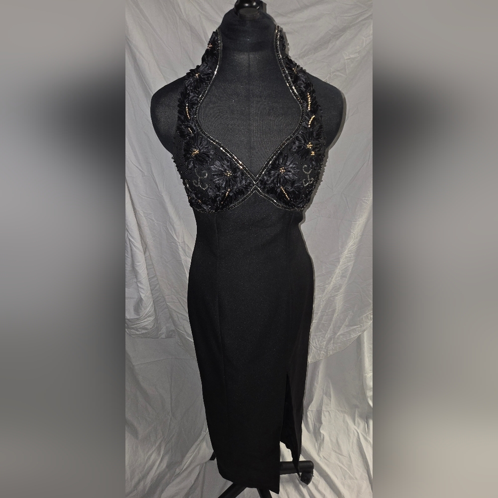 Elegant Black Halter Top Evening Dress With Gold Accents